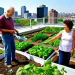 **Prompt 1:** A vibrant, lush rooftop community garden thriving in a modern city. Diverse urban residents of all ages (families, seniors, children) are happily engaged in gardening activities, harvesting fresh vegetables and flowers. An approachable and knowledgeable Urban Agriculture Manager, with a warm smile, is guiding them, demonstrating planting techniques. The scene is bathed in bright daylight, showcasing the contrast between the green oasis and the surrounding city skyline. Emphasize community building, healthy living, and urban sustainability.