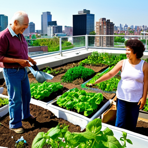 Home 4 **Prompt 1:** A vibrant, lush rooftop community garden thriving in a modern city. Diverse urban residents of all ages (families, seniors, children) are happily engaged in gardening activities, harvesting fresh vegetables and flowers. An approachable and knowledgeable Urban Agriculture Manager, with a warm smile, is guiding them, demonstrating planting techniques. The scene is bathed in bright daylight, showcasing the contrast between the green oasis and the surrounding city skyline. Emphasize community building, healthy living, and urban sustainability.