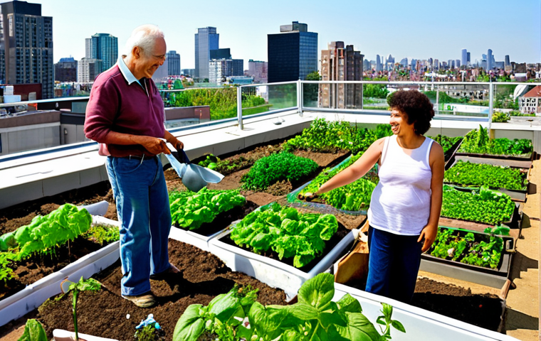 **Prompt 1:** A vibrant, lush rooftop community garden thriving in a modern city. Diverse urban residents of all ages (families, seniors, children) are happily engaged in gardening activities, harvesting fresh vegetables and flowers. An approachable and knowledgeable Urban Agriculture Manager, with a warm smile, is guiding them, demonstrating planting techniques. The scene is bathed in bright daylight, showcasing the contrast between the green oasis and the surrounding city skyline. Emphasize community building, healthy living, and urban sustainability.