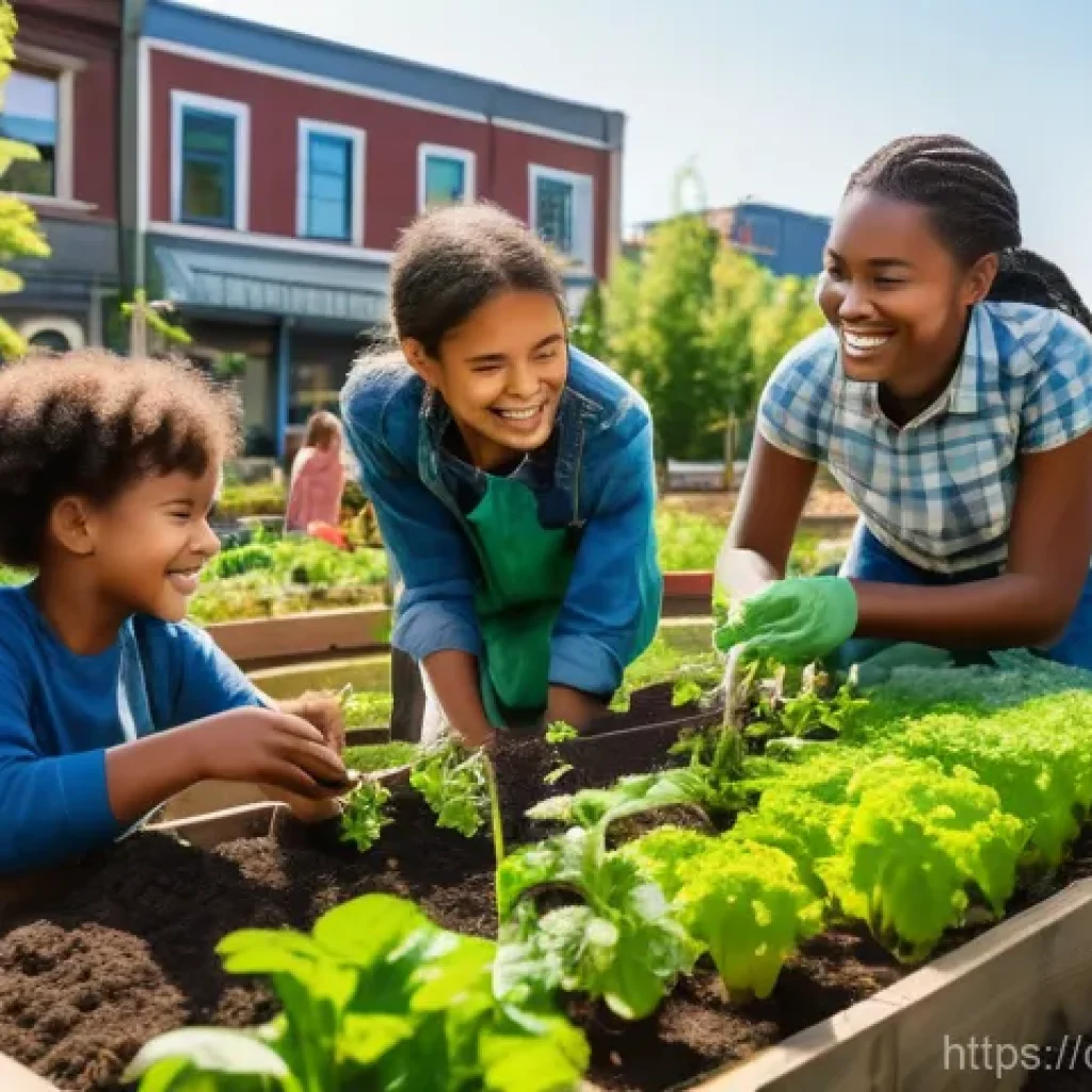 도시농업관리사로서의 네트워킹 방법 - A vibrant urban community garden filled with diverse people of all ages, including adults and childr...