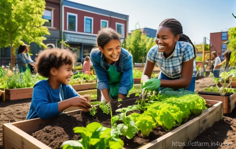 도시농업관리사로서의 네트워킹 방법 - A vibrant urban community garden filled with diverse people of all ages, including adults and childr...