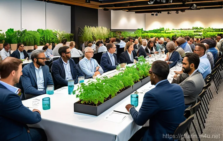 도시농업관리사로서의 네트워킹 방법 - An interior view of a futuristic smart urban farm, showcasing advanced technology. Tall, multi-tiere...