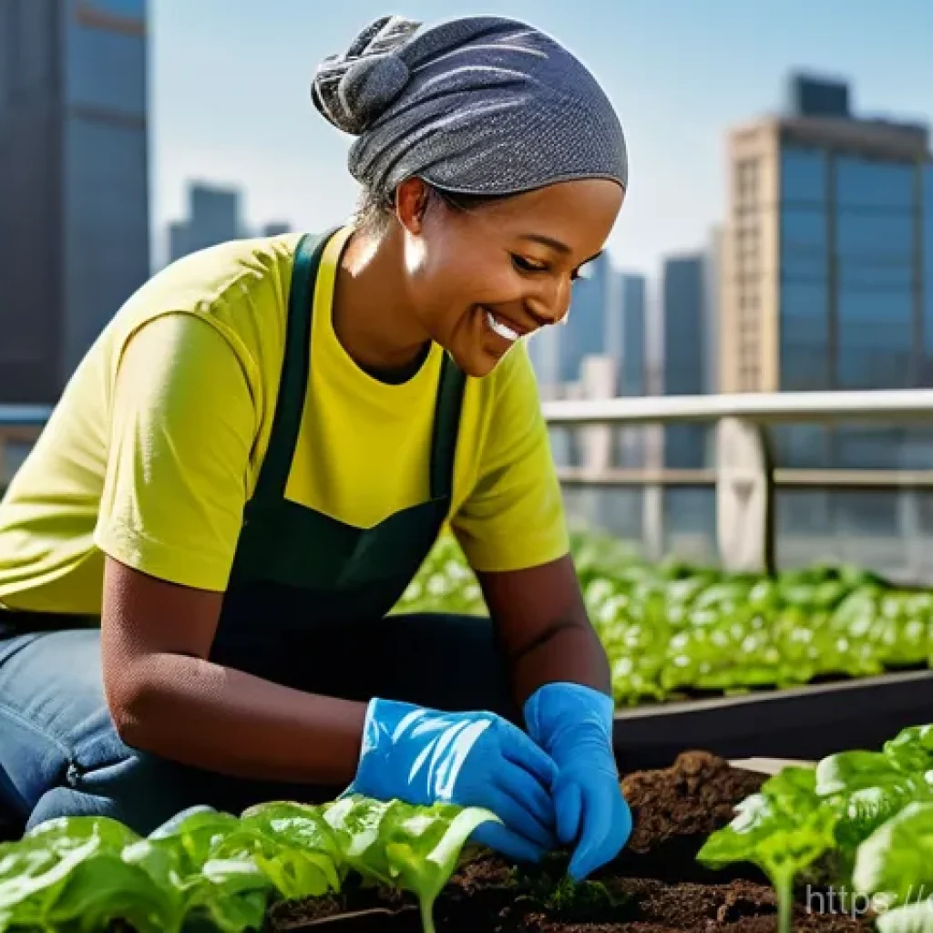 도시농업관리사 관련 국가 정책 - A vibrant community rooftop garden in a bustling city. A diverse group of urban residents, including...