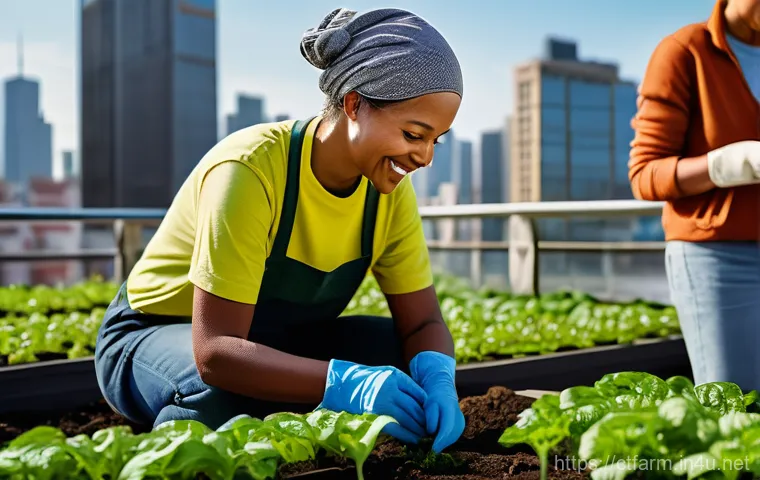 도시농업관리사 관련 국가 정책 - A vibrant community rooftop garden in a bustling city. A diverse group of urban residents, including...