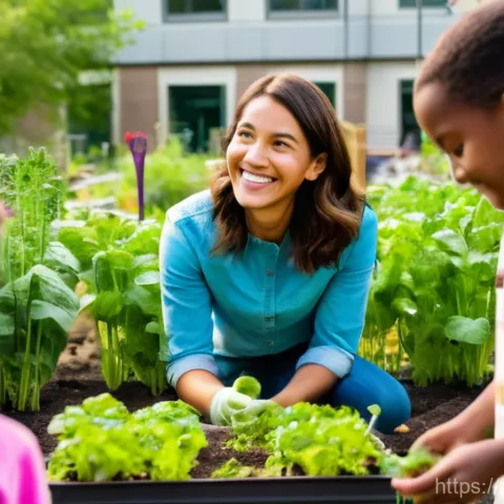 도시농업관리사와 도시 환경 개선 - An urban agriculture manager, a woman in her late 30s with a warm smile, is passionately teaching a ...