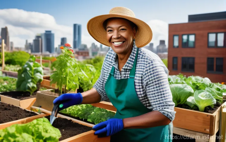 도시농업관리사와 지역 공동체 활동 - An urban agricultural manager, a cheerful woman in her 40s wearing practical but stylish gardening a...